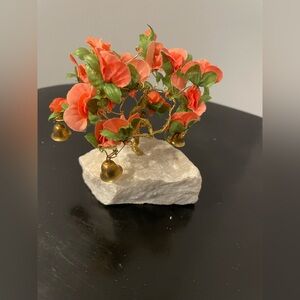 VTG Prosperity Tree Brass bells & orange Fabric Flowers w/marble Base